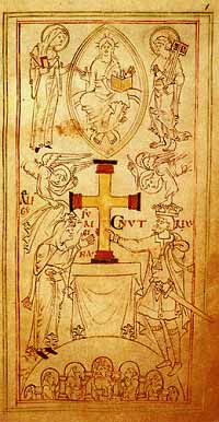 Emma et Knut offrent en 1031 une croix d'or et d'argent au New Minster de Winchester (Liber Vitae de New Minster, British Library Stowe 944, fol 6 r).