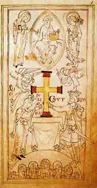 Ælfgifu et Canut font don d'une croix pour le maître-autel de l'ancienne cathédrale de Winchester. Source : wiki en néerlandais/Ælfgifu van Northampton/ domaine public