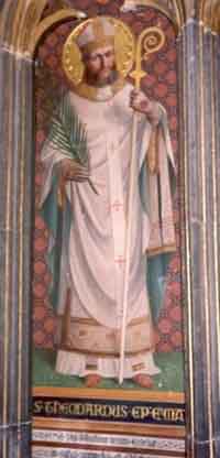 Théodard de Maastricht dit Saint Théodard Évêque de Maastricht peint vers 1860 par Jules Helbig dans la cathédrale Saint-Paul de Liège, en Belgique. Source : wiki/ Théodard de Maastricht/ domaine public
