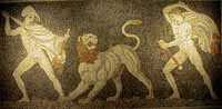 Chasse au lion asiatique sur une mosaïque de Pella qui représenterait Alexandre et Cratère. Source : wiki/Cratère (général)