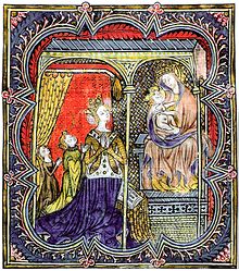 Yolande d'Aragon et deux de ses enfants en prière devant la Vierge à l'Enfant. Enluminure anonyme dans le Juratoire et livre des fondations de la chapelle royale du gué de Maulny dans le Maine, ms. 691, fo 16, Bibliothèque municipale, Le Mans. Source : wiki/ Yolande d'Aragon (morte en 1443)/ domaine public