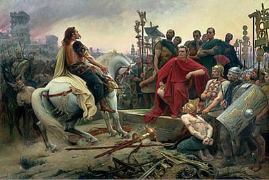 Vercingétorix jette ses armes aux pieds de César. Tableau de Lionel Royer (1899), (Musée Crozatier - Le Puy-en-Velay)