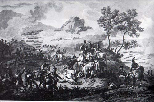 Bataille de saint Laurent de la Mouga (mort de Dugommier), gravure de Cazenave d'après Martinet, musée Carnavalet, photo Bulloz